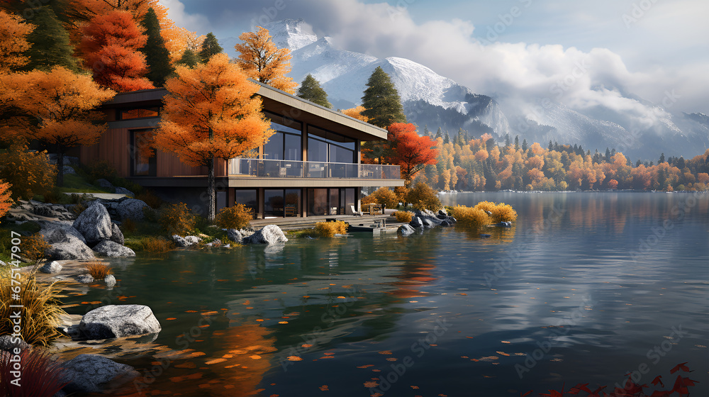 Exterior of modern loft lake house or hotel. Home on mountain river
