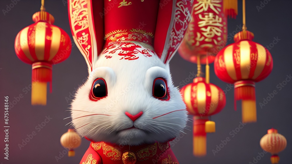 AI-generated illustration of a white rabbit with red cloths in the yellow lights.
