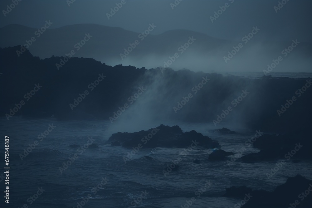 Sharp focus on waves under the night sky, highlighted with a blue tint.

