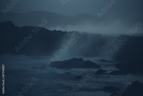 Sharp focus on waves under the night sky  highlighted with a blue tint.  