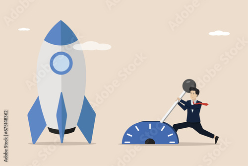 New project launch, creation and development, Business Startup concept, businessman pulls gear lever to launch new rocket.