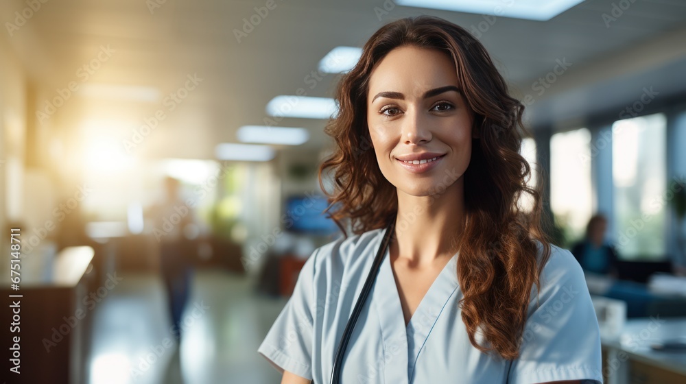 Medical treatment concept patient standing smiling blurred background hospital Medical treatment concept patient standing smiling blurred background hospital