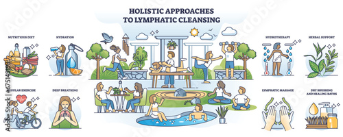 Holistic approaches to lymphatic cleansing and relaxation outline collection set. Labeled scenes with healthy lifestyle for body detox and wellness support vector illustration. SPA treatment and diet