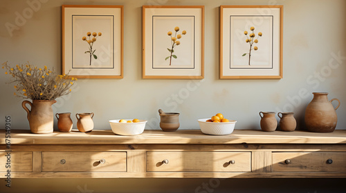 Mockup of Three Poster Frames for a Kitchen in a Rustic Style, Perfect for Interior Design Concepts