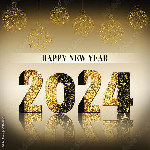 Luxurious decorative Happy New Year illustration with golden openwork Christmas balls hanging on strings and decorated 2024 with floral ornate elements. Shining festive abstract square background