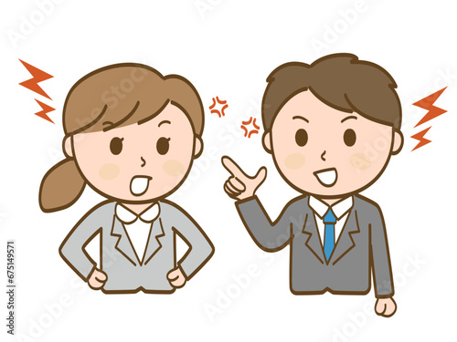 口喧嘩をするスーツ姿の女性会社員と男性会社員