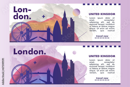UK London city banner pack with abstract shapes of skyline, cityscape, landmark. United Kigdon, England travel vector horizontal layout set for brochure, website, page, presentation, header, footer