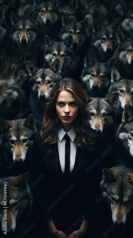 Confident businesswoman standing before a wolf pack Confident businesswoman standing before a wolf pack