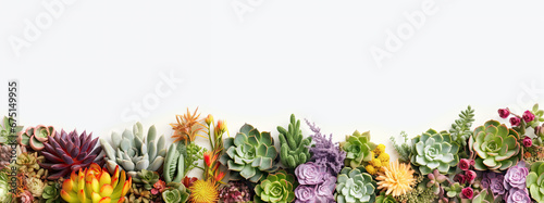Arrangement of red green Echeveria succulent flowering houseplants white background.