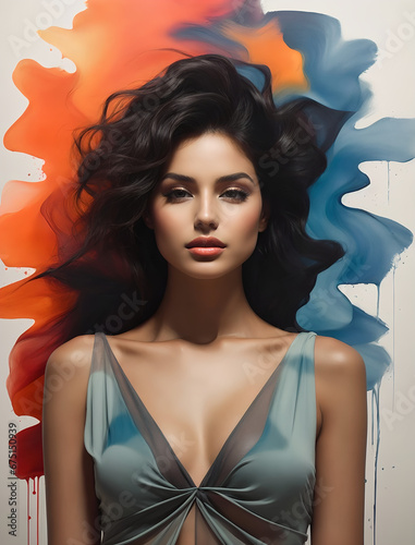 A minimalist, t-shirt design with a vintage twist, featuring a sleek and stylized unclad woman body silhouette against a faded, women body is painting about nature, awesome, bright.
