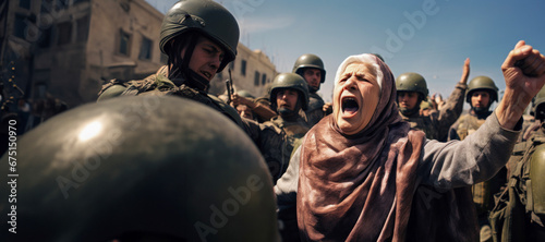 Dramatic Visual: Woman Wearing a Hijab Protests Against Military Presence, Highlighting the Israeli-Palestine Conflict