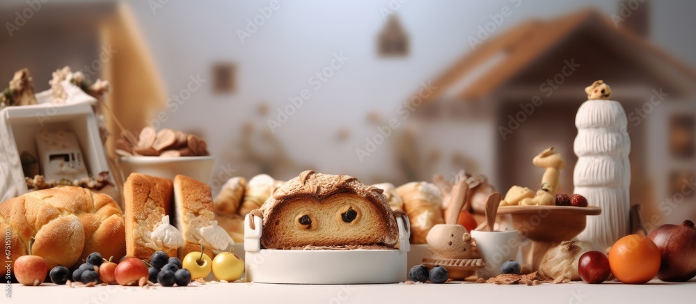 In the background of the isolated white room a happy celebration is happening with delicious food like fruit cake tea and fresh bread It s breakfast time in this bakery and the aroma of coo - obrazy, fototapety, plakaty 