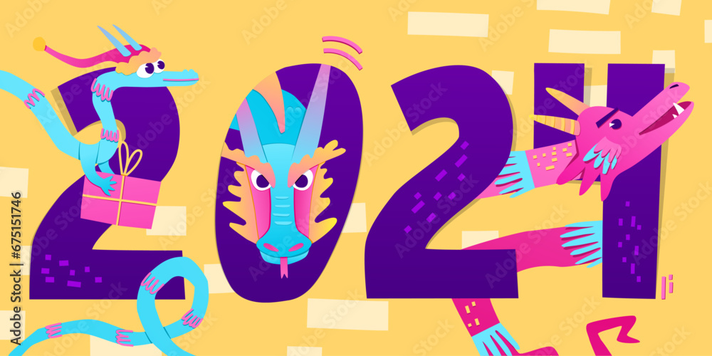 Banner design template for 2024. Year of the Dragon. Bright design with year of the dragon decor. Cartoon and cute dragons. Vector.