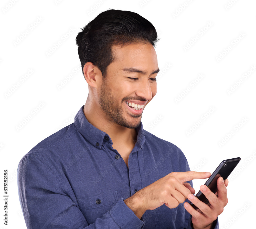 Smile, phone for communication and a business asian man isolated on transparent background for networking. Contact, social media or app with a happy young employee typing a mobile text message on PNG Smile, phone for communication and a business asian man isolated on transparent background for networking. Contact, social media or app with a happy young employee typing a mobile text message on PNG