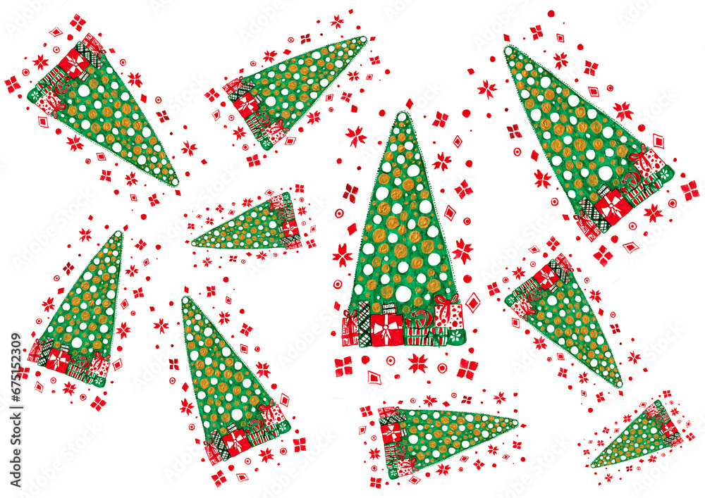 A set of decorative Christmas trees of different sizes randomly arranged on a white background. Green triangles filled with white and gold circles, gifts below. Red Christmas ornament around.