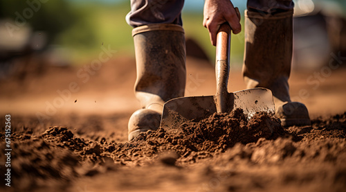Close-up of a worker digging with a shovel, showcasing the manual effort involved in preparing the ground for planting.