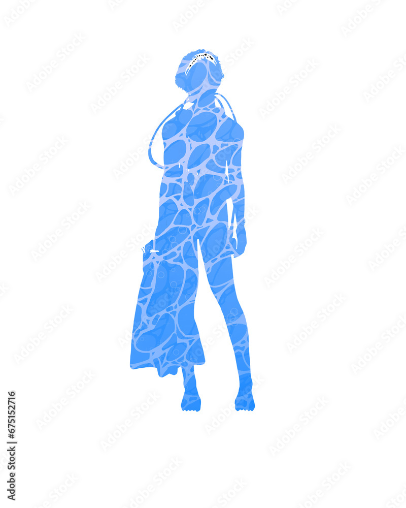 Female scuba diver silhouette with water surface pattern Female scuba diver silhouette with water surface pattern