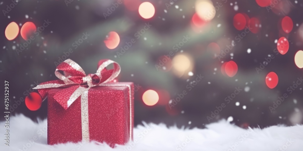 Christmas gift box on tree background. Merry Christmas and Happy New Year Christmas gift box on tree background. Merry Christmas and Happy New Year