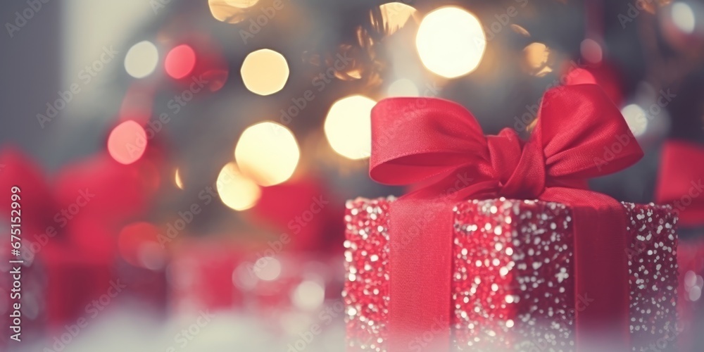 Christmas gift box on tree background. Merry Christmas and Happy New Year Christmas gift box on tree background. Merry Christmas and Happy New Year