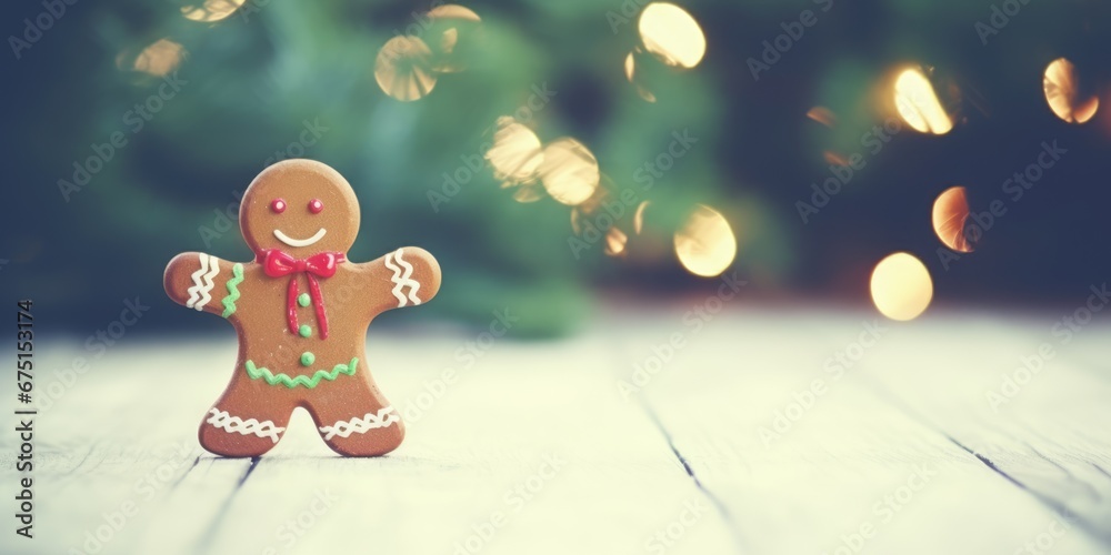 gingerbread man stands on a wooden table backdrop of bright blurry bokeh lights. Christmas and Happy New Year background gingerbread man stands on a wooden table backdrop of bright blurry bokeh lights. Christmas and Happy New Year background