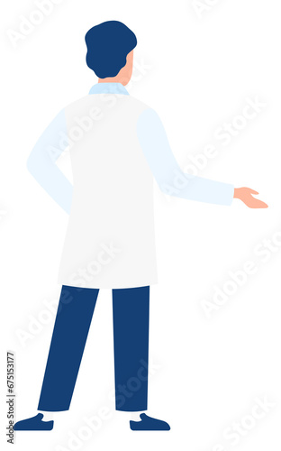 Man in lab coat. Doctor rear view. Scientist character