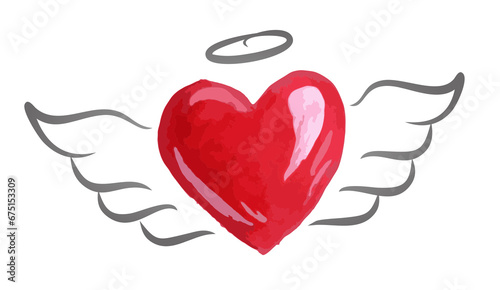 Symbol of heart with wings painted in watercolor.