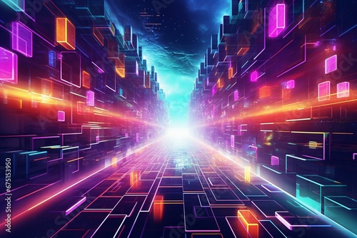 Futuristic journey through digital space with vibrant lights. Generative AI