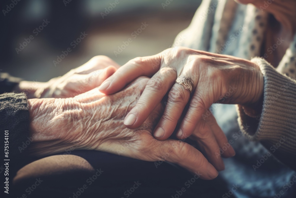 Young woman hand holding old female hand. Comforted retired grandmother with gentle hand touch. Generate ai - obrazy, fototapety, plakaty 