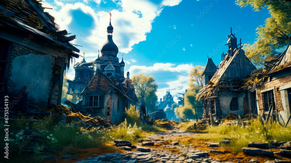 Fototapeta premium Man is standing in the middle of small village in video game.