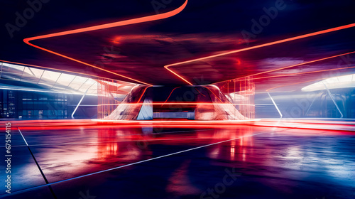 Long exposure photo of tunnel in building with lights coming from the ceiling.