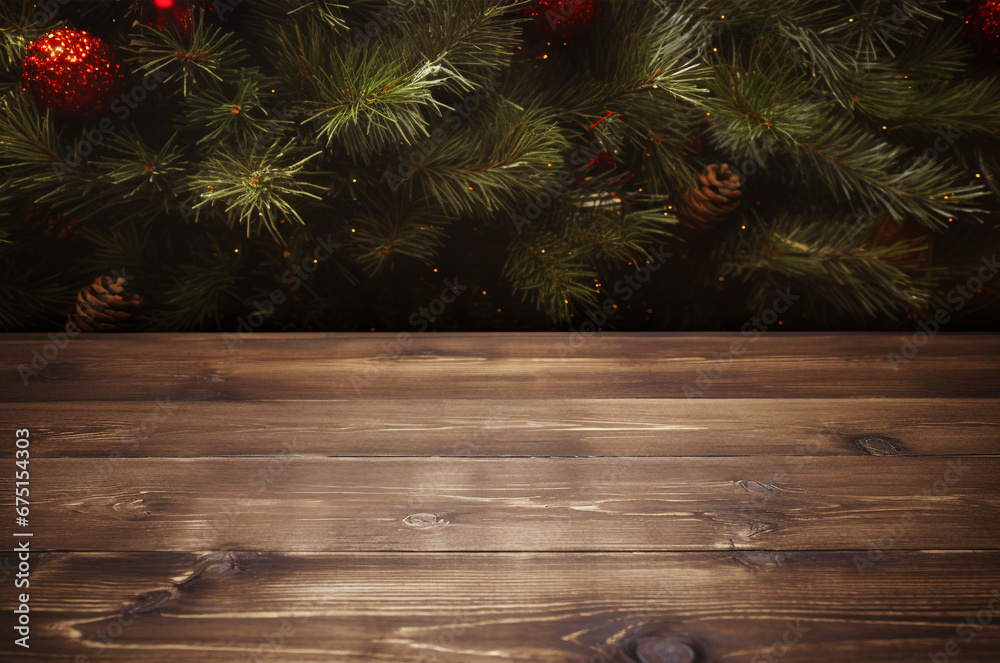 Christmas background. Wooden table and Christmas tree branch top view, mockup christmas