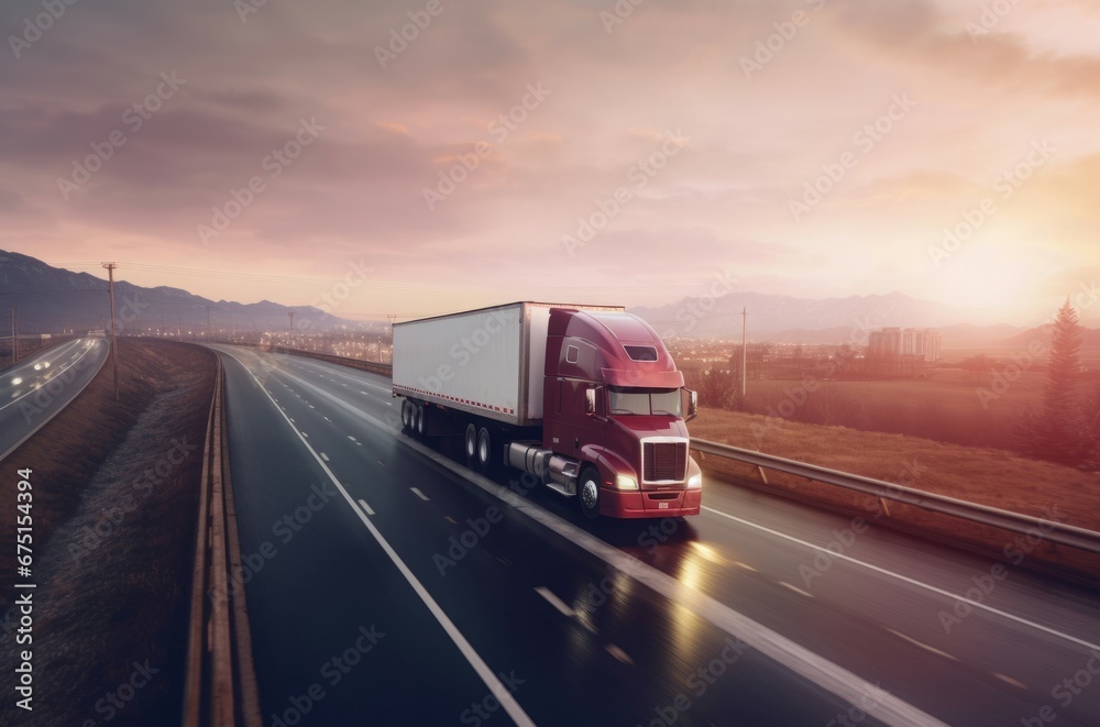 Freight shipping speedy truck on international road. Logistic goods transportation vehicle service. Generate ai Freight shipping speedy truck on international road. Logistic goods transportation vehicle service. Generate ai