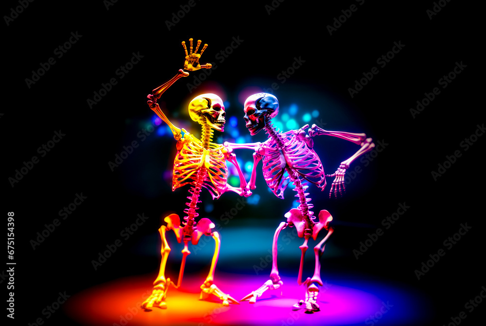 Couple of skeleton dancing on stage with their arms in the air.