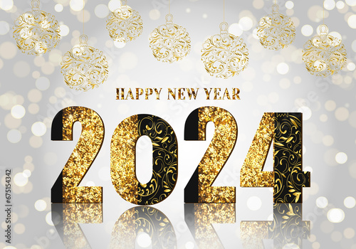 Luxurious decorative Happy New Year illustration with golden openwork Christmas balls hanging on strings and decorated 2024 with floral ornate elements. Shining festive abstract background