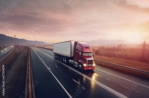 Freight shipping speedy truck on international road. Logistic goods transportation vehicle service. Generate ai photo