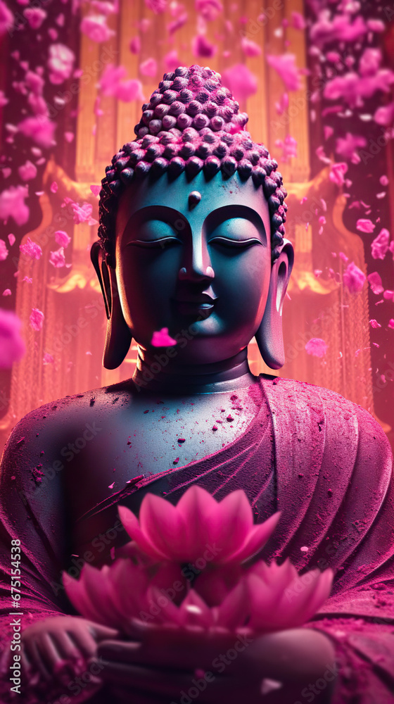 Serenity in Stone: A Buddha Statue Amidst Pink Lotus Flowers Serenity in Stone: A Buddha Statue Amidst Pink Lotus Flowers