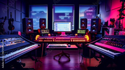 Recording studio with multiple monitors, keyboards, keyboards, and keyboard. photo