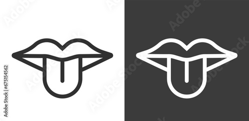 Mouth tongue icon line outline art vector graphic as taste gustatory sensation perception black white simple pictogram image clipart set, stroke lips licking glyph cartoon symbol