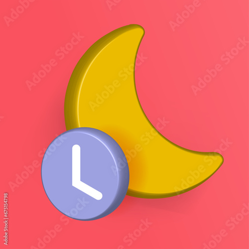 Sleep time night mode 3d graphic icon vector illustration, nighttime status or silence do not disturb clock with moon crescent cartoon symbol image clipart