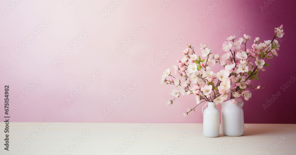 vase with spring flowers on pastel background with space for text