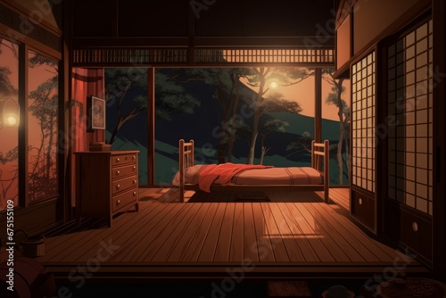 Japanese room in night time. Asian bedroom with sleeping bed and panoramic window. Generate ai