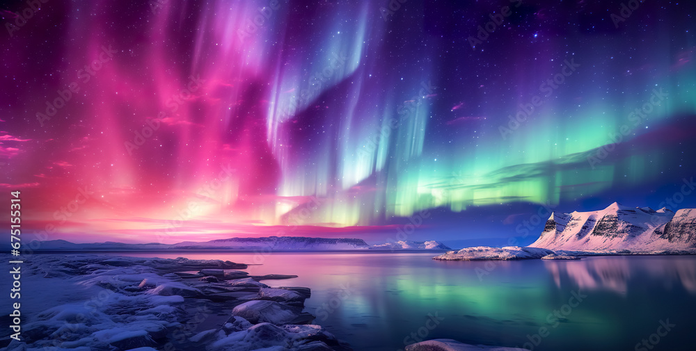 Aurora borealis on the Norway. Green northern lights above mountains. Night sky with polar lights. Night winter landscape with aurora and reflection on the water surface. Natural back Aurora borealis on the Norway. Green northern lights above mountains. Night sky with polar lights. Night winter landscape with aurora and reflection on the water surface. Natural back