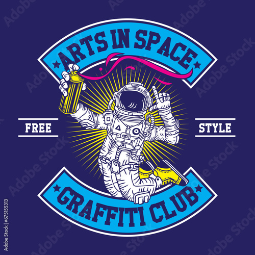 Astronaut Doing Graffiti in Space Hand Drawing Vector Illustration in Patch Design Style Arts in Space Graffiti Club