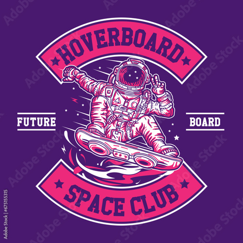 Astronaut Riding Hover Board in Space Hand Drawing Vector Illustration in Patch Design Style Hoverboard Space Club