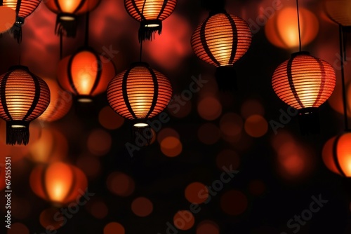 Orange round lanterns in dark black light. Festival decoration hanging oriental Chinese lantern. Generate ai