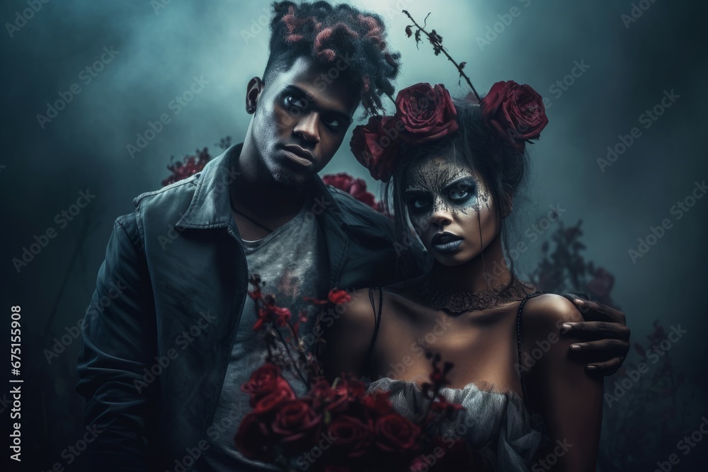 African couple in Halloween spooky outfit. Scary costume and makeup for day of dead celebration. Generate ai