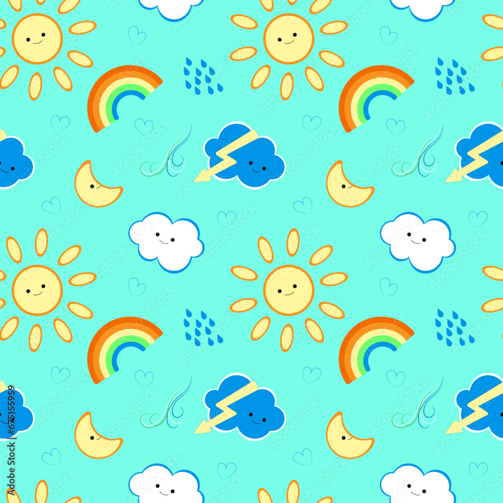 Kids pattern with cute Sun, Moon, cloud, cloud and lightning, rainbow, rain, wind and heart in doodle style bright colors. Kids pattern with cute Sun, Moon, cloud, cloud and lightning, rainbow, rain, wind and heart in doodle style bright colors.