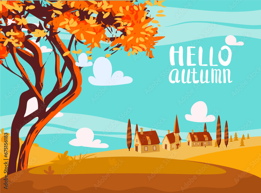 Fototapeta premium Hello Autumn countryside landscape, fall tree, farm, rural village