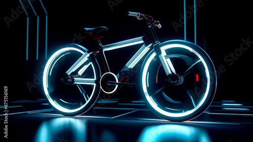Futuristic bicycle with glowing spokes on the front wheel and spokes on the rear wheel.