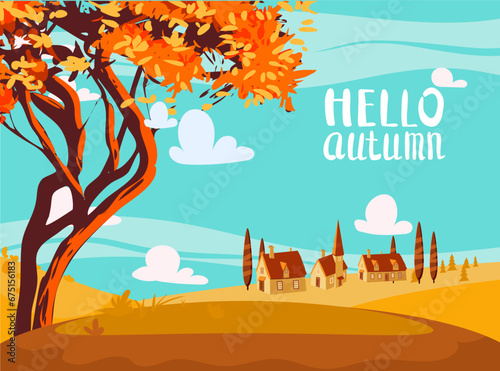 Hello Autumn countryside landscape, fall tree, farm, rural village